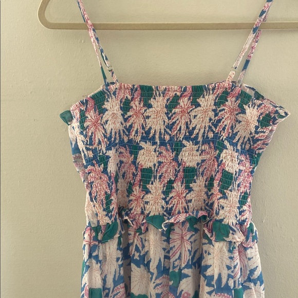 Oliphant Mini Dress Palm Tree Smocked back Cayman Blue Pink size M tired ruffles - Picture 10 of 11